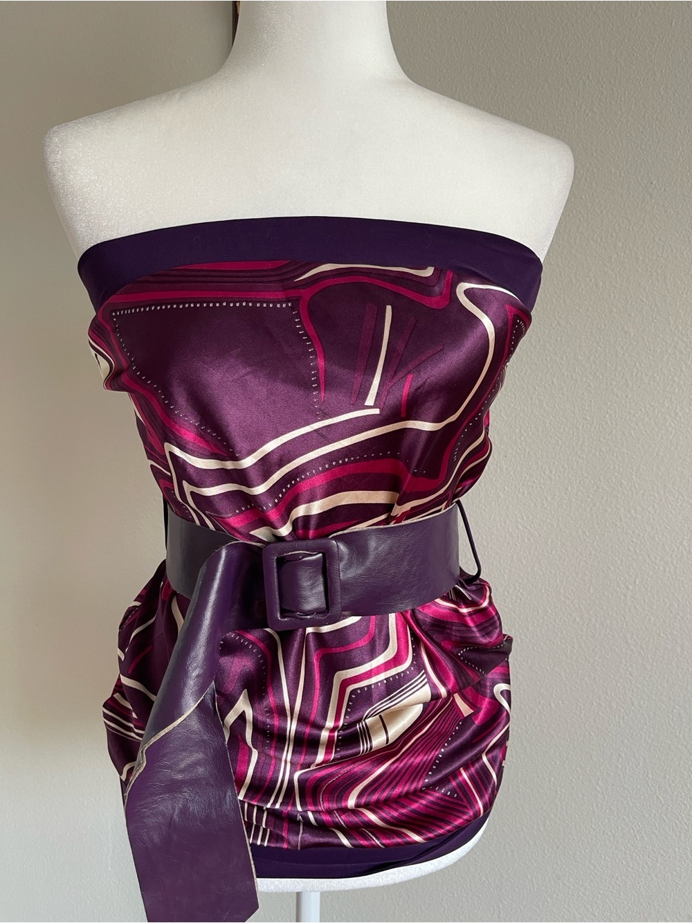 Champion Strapless Satin Dress in Deep Purple, Fuchsia & Cream